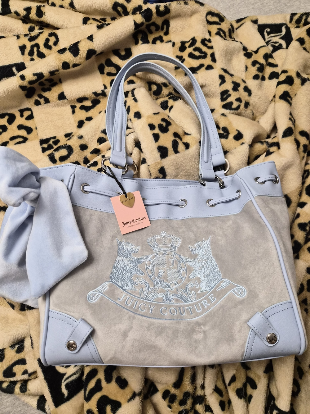Juicy Couture Light Blue and Gray Tote with Bow Accent